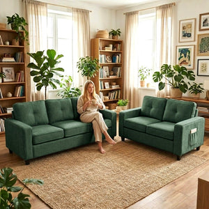 English Elm 77.2" Wide Chenille Three Seat Sofa with Square Arms and Removable Cushions for Living Room Dark Green B2735P535765