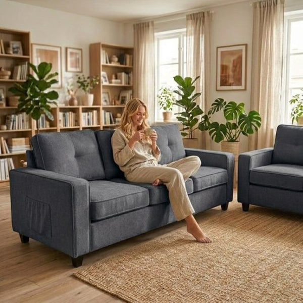 English Elm 77.2" Wide Chenille Three Seat Sofa with Square Arms and Removable Cushions for Living Room Gray B2735P535833