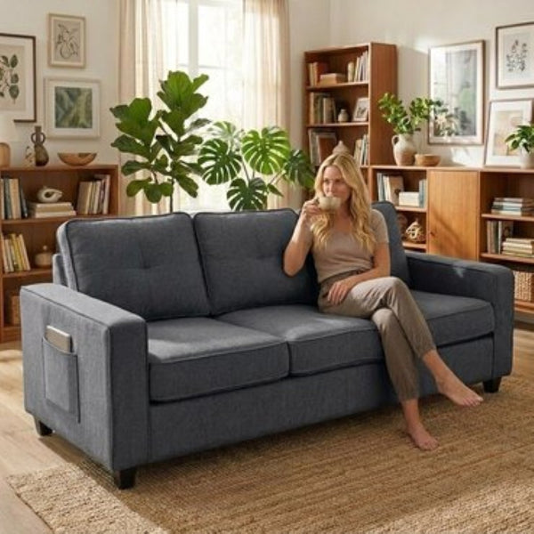 English Elm 77.2" Wide Chenille Three Seat Sofa with Square Arms and Removable Cushions for Living Room Gray B2735P535833