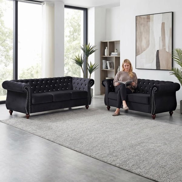 English Elm Chesterfield Crushed Velvet Club Chair Tufted Back Rolled Arms Tapered Wood Legs with Bolster Black B2735P536104