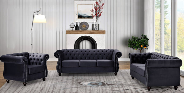 English Elm Chesterfield Crushed Velvet Club Chair Tufted Back Rolled Arms Tapered Wood Legs with Bolster Black B2735P536104