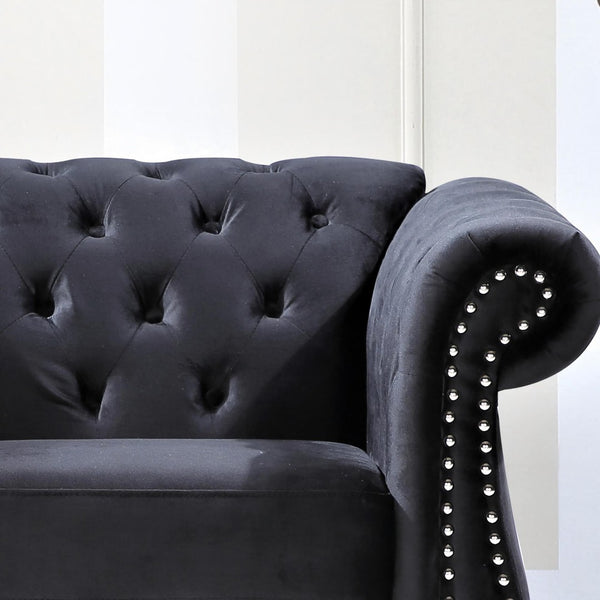 English Elm Chesterfield Crushed Velvet Tufted Accent Chair with Rolled Arms Tapered Legs and Bolster Black B2735P536105