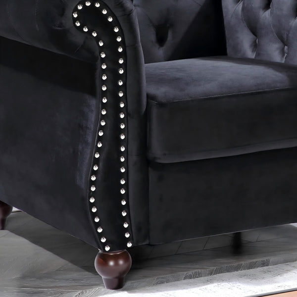 English Elm Chesterfield Crushed Velvet Tufted Accent Chair with Rolled Arms Tapered Legs and Bolster Black B2735P536105