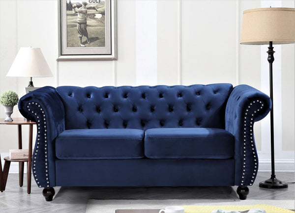 English Elm Chesterfield Crushed Velvet Club Chair Tufted Back Rolled Arms Tapered Wood Legs with Bolster Dark Blue B2735P536119