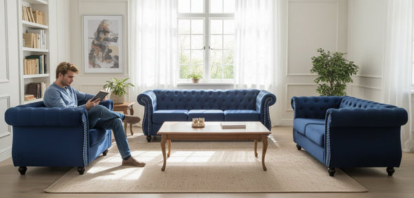 English Elm Chesterfield Crushed Velvet Tufted Accent Chair with Rolled Arms Tapered Legs and Bolster Dark Blue B2735P536120