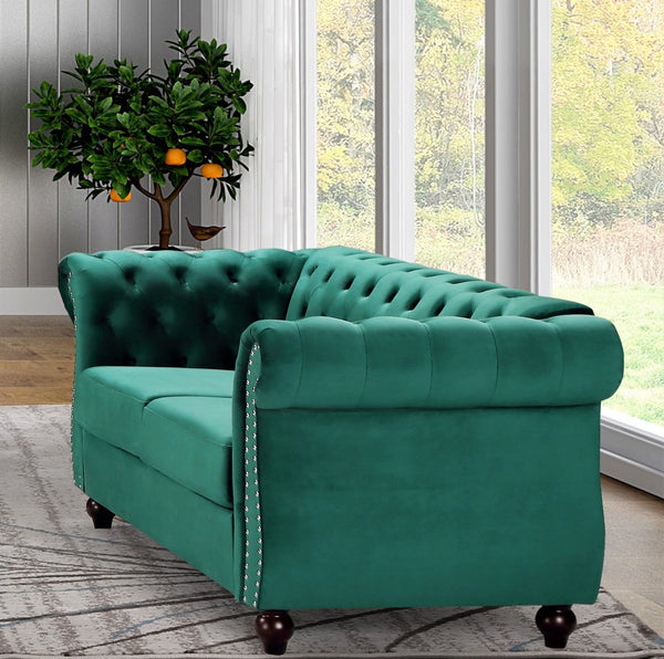 English Elm Chesterfield Crushed Velvet Club Chair Tufted Back Rolled Arms Tapered Wood Legs with Bolster Green B2735P536157