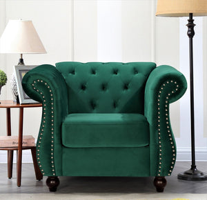 English Elm Chesterfield Crushed Velvet Tufted Accent Chair with Rolled Arms Tapered Legs and Bolster Green B2735P536158