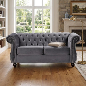 English Elm Chesterfield Crushed Velvet Club Chair Tufted Back Rolled Arms Tapered Wood Legs with Bolster Gray B2735P536162