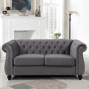English Elm Chesterfield Crushed Velvet Club Chair Tufted Back Rolled Arms Tapered Wood Legs with Bolster Gray B2735P536162