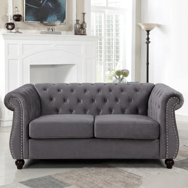 English Elm Chesterfield Crushed Velvet Club Chair Tufted Back Rolled Arms Tapered Wood Legs with Bolster Gray B2735P536162