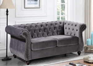 English Elm Chesterfield Crushed Velvet Club Chair Tufted Back Rolled Arms Tapered Wood Legs with Bolster Gray B2735P536162
