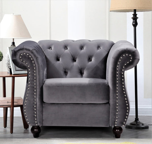 English Elm Chesterfield Crushed Velvet Tufted Accent Chair with Rolled Arms Tapered Legs and Bolster Gray B2735P536163