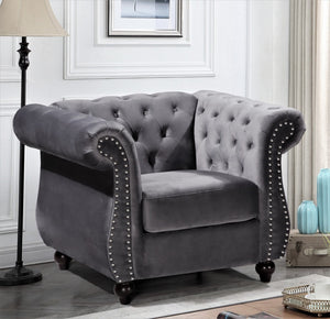 English Elm Chesterfield Crushed Velvet Tufted Accent Chair with Rolled Arms Tapered Legs and Bolster Gray B2735P536163
