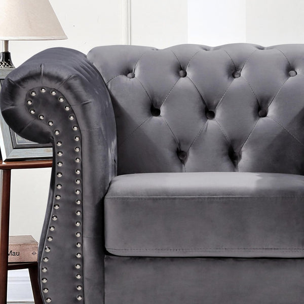 English Elm Chesterfield Crushed Velvet Tufted Accent Chair with Rolled Arms Tapered Legs and Bolster Gray B2735P536163