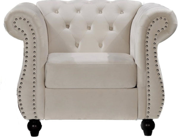 English Elm Chesterfield Crushed Velvet Tufted Accent Chair with Rolled Arms Tapered Legs and Bolster Ivory B2735P536173