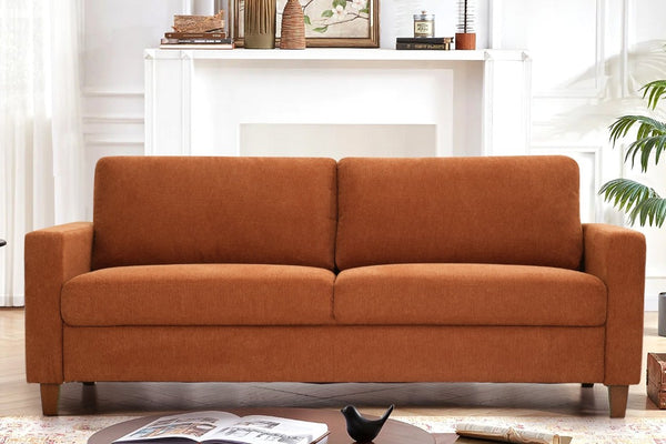 English Elm Mid-Century Modern Three Seat Sofa with Tapered Wood Legs and Stain Resistant Upholstery Orange B2735P539746