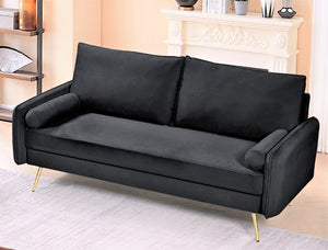 English Elm Mid-Century Velvet Sofa with Nailhead Trim Golden Legs for Living Room Comfort Black B2735P539748