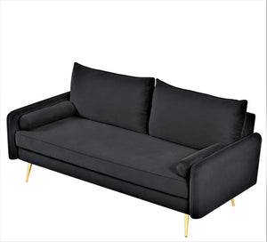 English Elm Mid-Century Velvet Sofa with Nailhead Trim Golden Legs for Living Room Comfort Black B2735P539748