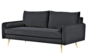 English Elm Mid-Century Velvet Sofa with Nailhead Trim Golden Legs for Living Room Comfort Black B2735P539748