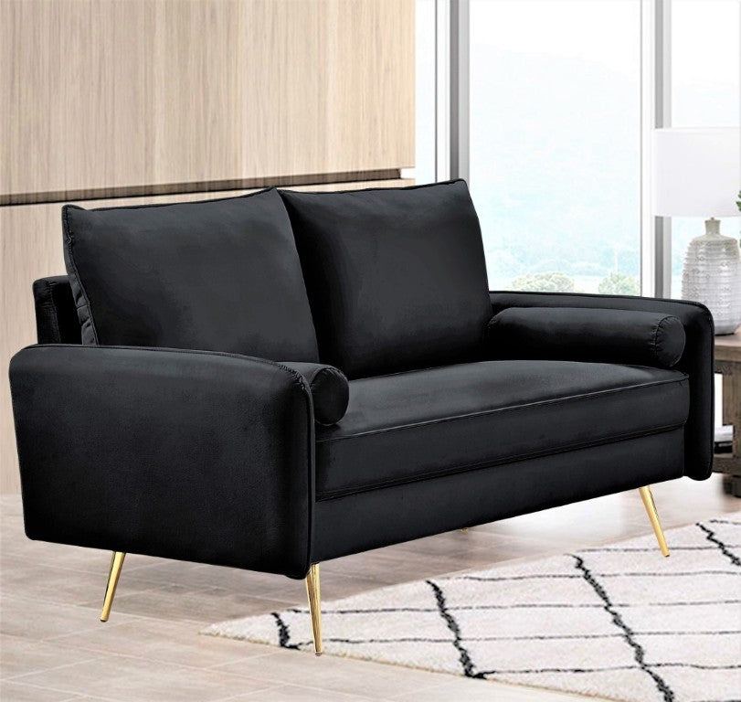 English Elm Mid-Century Velvet Sofa with Nailhead Trim Golden Legs for Living Room Comfort Black B2735P539748