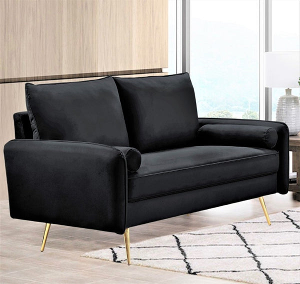 English Elm Mid-Century Velvet Sofa with Nailhead Trim Golden Legs for Living Room Comfort Black B2735P539748