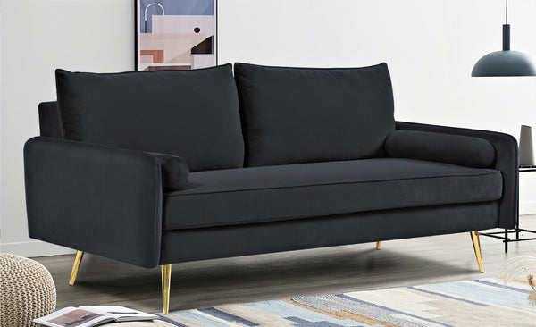 English Elm Mid-Century Velvet Sofa with Nailhead Trim Golden Legs for Living Room Comfort Black B2735P539748
