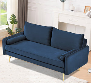 English Elm Mid-Century Velvet Sofa with Nailhead Trim Golden Legs for Living Room Comfort Dark Blue B2735P539750