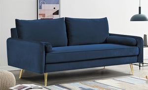 English Elm Mid-Century Velvet Sofa with Nailhead Trim Golden Legs for Living Room Comfort Dark Blue B2735P539750