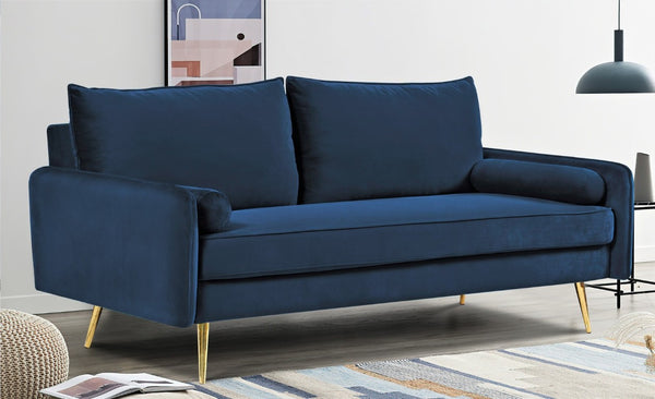 English Elm Mid-Century Velvet Sofa with Nailhead Trim Golden Legs for Living Room Comfort Dark Blue B2735P539750