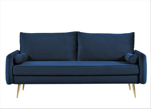 English Elm Mid-Century Velvet Sofa with Nailhead Trim Golden Legs for Living Room Comfort Dark Blue B2735P539750