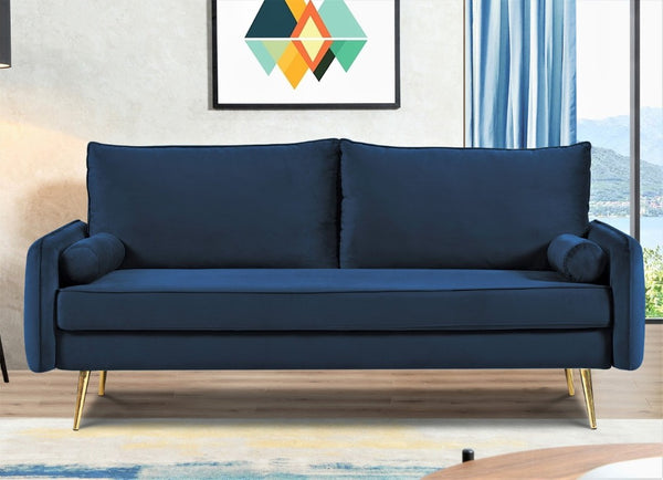English Elm Mid-Century Velvet Sofa with Nailhead Trim Golden Legs for Living Room Comfort Dark Blue B2735P539750