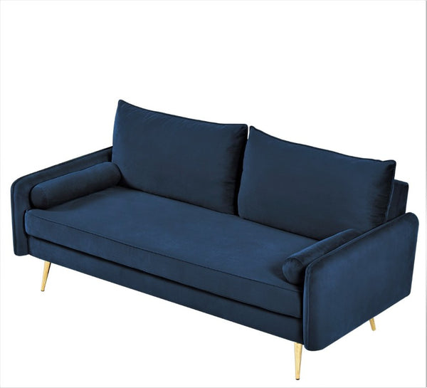 English Elm Mid-Century Velvet Sofa with Nailhead Trim Golden Legs for Living Room Comfort Dark Blue B2735P539750
