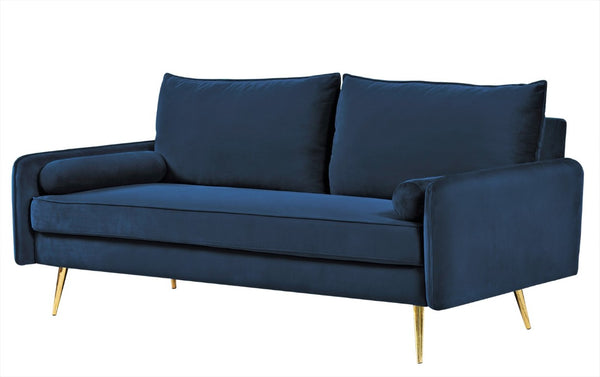 English Elm Mid-Century Velvet Sofa with Nailhead Trim Golden Legs for Living Room Comfort Dark Blue B2735P539750