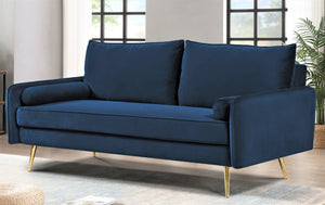 English Elm Mid-Century Velvet Sofa with Nailhead Trim Golden Legs for Living Room Comfort Dark Blue B2735P539750