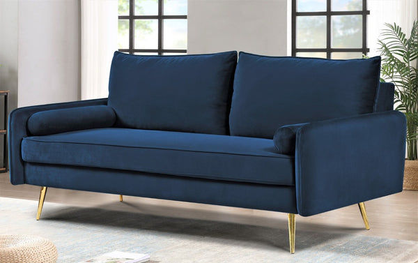 English Elm Mid-Century Velvet Sofa with Nailhead Trim Golden Legs for Living Room Comfort Dark Blue B2735P539750