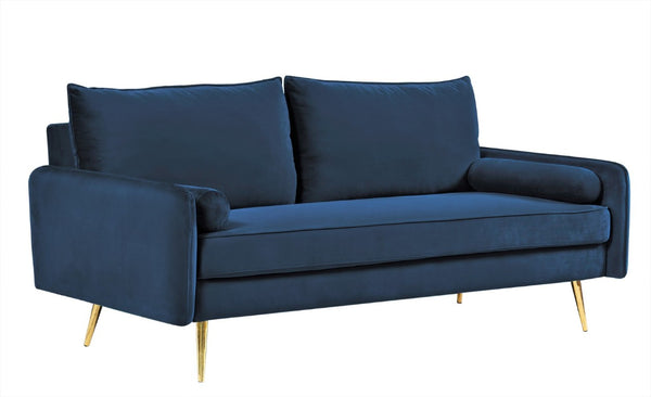 English Elm Mid-Century Velvet Sofa with Nailhead Trim Golden Legs for Living Room Comfort Dark Blue B2735P539750