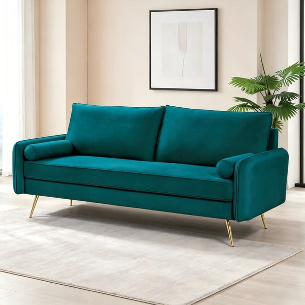 English Elm Mid-Century Velvet Sofa with Nailhead Trim Golden Legs for Living Room Comfort Teal Blue B2735P539752