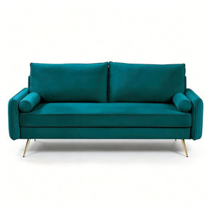 English Elm Mid-Century Velvet Sofa with Nailhead Trim Golden Legs for Living Room Comfort Teal Blue B2735P539752