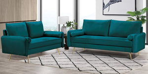 English Elm Mid-Century Velvet Sofa with Nailhead Trim Golden Legs for Living Room Comfort Teal Blue B2735P539752