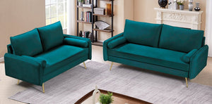 English Elm Mid-Century Velvet Sofa with Nailhead Trim Golden Legs for Living Room Comfort Teal Blue B2735P539752