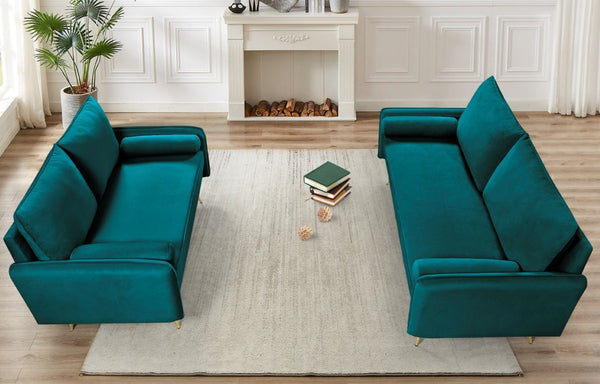 English Elm Mid-Century Velvet Sofa with Nailhead Trim Golden Legs for Living Room Comfort Teal Blue B2735P539752