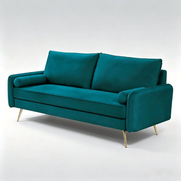 English Elm Mid-Century Velvet Sofa with Nailhead Trim Golden Legs for Living Room Comfort Teal Blue B2735P539752