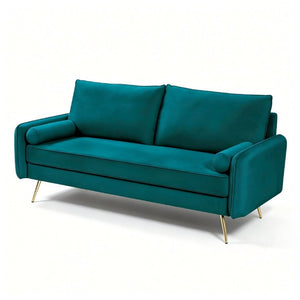 English Elm Mid-Century Velvet Sofa with Nailhead Trim Golden Legs for Living Room Comfort Teal Blue B2735P539752