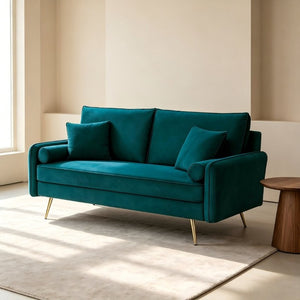 English Elm Modern Velvet Upholstered Loveseat with Gold Legs and Nailhead Trim for Small Spaces Teal Blue Nailhead Trim B2735P539753