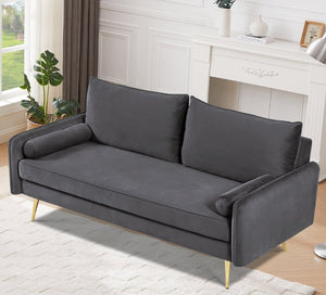 English Elm Mid-Century Velvet Sofa with Nailhead Trim Golden Legs for Living Room Comfort Gray B2735P539756