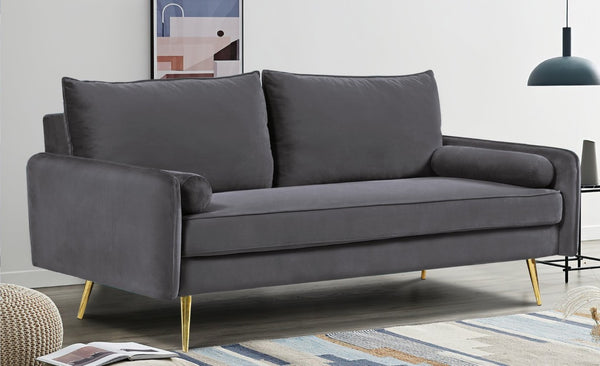 English Elm Mid-Century Velvet Sofa with Nailhead Trim Golden Legs for Living Room Comfort Gray B2735P539756