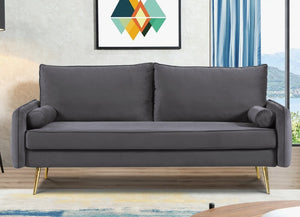 English Elm Mid-Century Velvet Sofa with Nailhead Trim Golden Legs for Living Room Comfort Gray B2735P539756