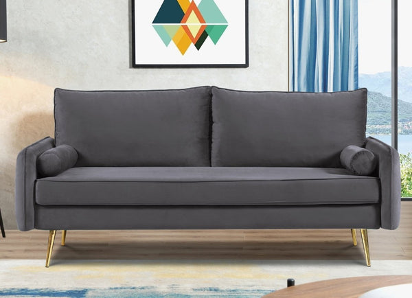 English Elm Mid-Century Velvet Sofa with Nailhead Trim Golden Legs for Living Room Comfort Gray B2735P539756