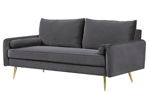 English Elm Mid-Century Velvet Sofa with Nailhead Trim Golden Legs for Living Room Comfort Gray B2735P539756