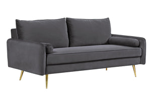 English Elm Mid-Century Velvet Sofa with Nailhead Trim Golden Legs for Living Room Comfort Gray B2735P539756